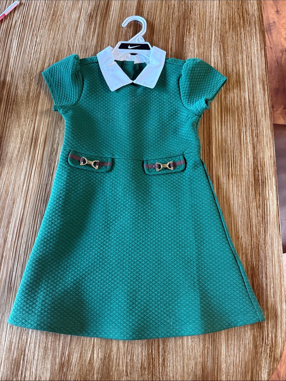 Janie & Jack Size 5 Girls Emerald Green Textured Dress with White Collar